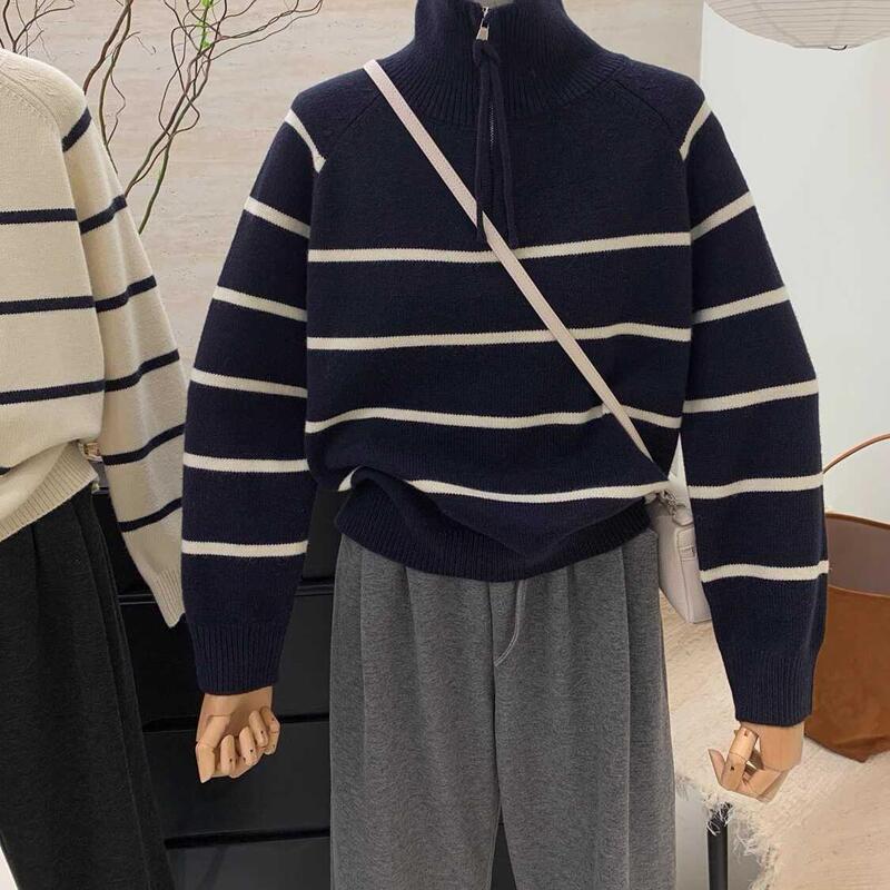 Half-Zip Turtleneck Striped Pullover Sweater for Women, Winter Thickened Loose Versatile Long-Sleeve Casual Top Jacket
