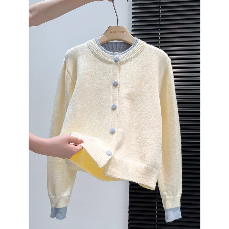 Korean Style Color-Blocking Fake Two-Piece Knitted Cardigan for Women, New Autumn and Winter Round Neck Button Sweater Jacket Versatile Top