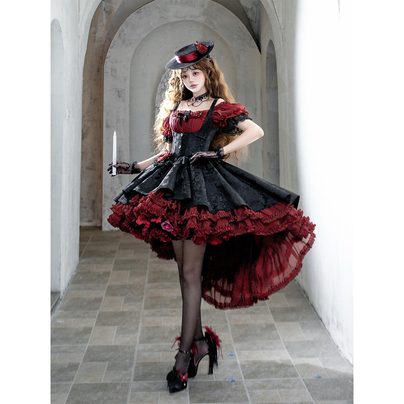 Rose Ceremony Lolita Dress Princess Dress Red and Black Gothic Bustier Dress Lolita Student Daily Wear Slimming Effect Rose Ceremony Lolita Dress Princess Dress Red and Black Gothic Bustier Dress Lolita Student Daily Wear Slimming Effect