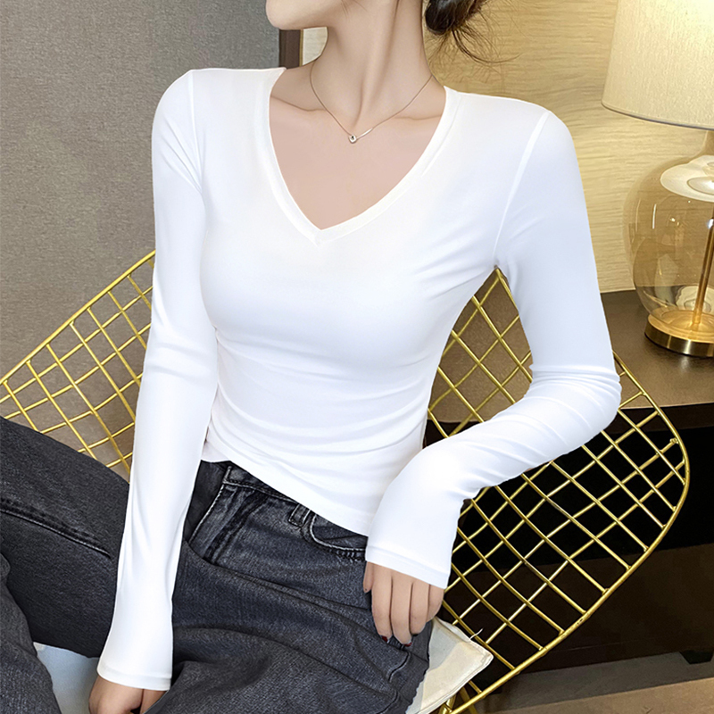 White V-Neck Base Shirt for Women, Spring and Autumn Inner Wear, Slimming Long-Sleeve T-Shirt, Figure-Hugging, Tummy-Covering Sweetheart Neckline Top, 2026 New Model