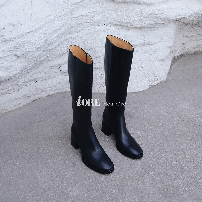 Iore Designer Original Minimalist Versatile Cowhide Chunky Heel Knee-High Boots Over-The-Knee Boots