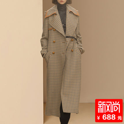 2018秋装新款欧货宽松双排扣格子长款风衣女