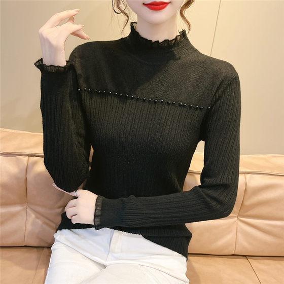 2024 new autumn and winter sweet bottoming shirt for women spring sweater half turtleneck slim lace inner sweater top