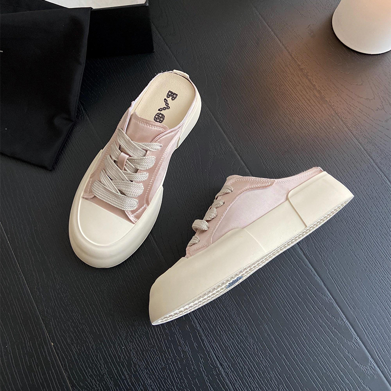 Baotou Half-Slippers 2026 Summer New Versatile Round-Toe Silk Satin Thick-Soled Lace-Up Casual Sports Slippers