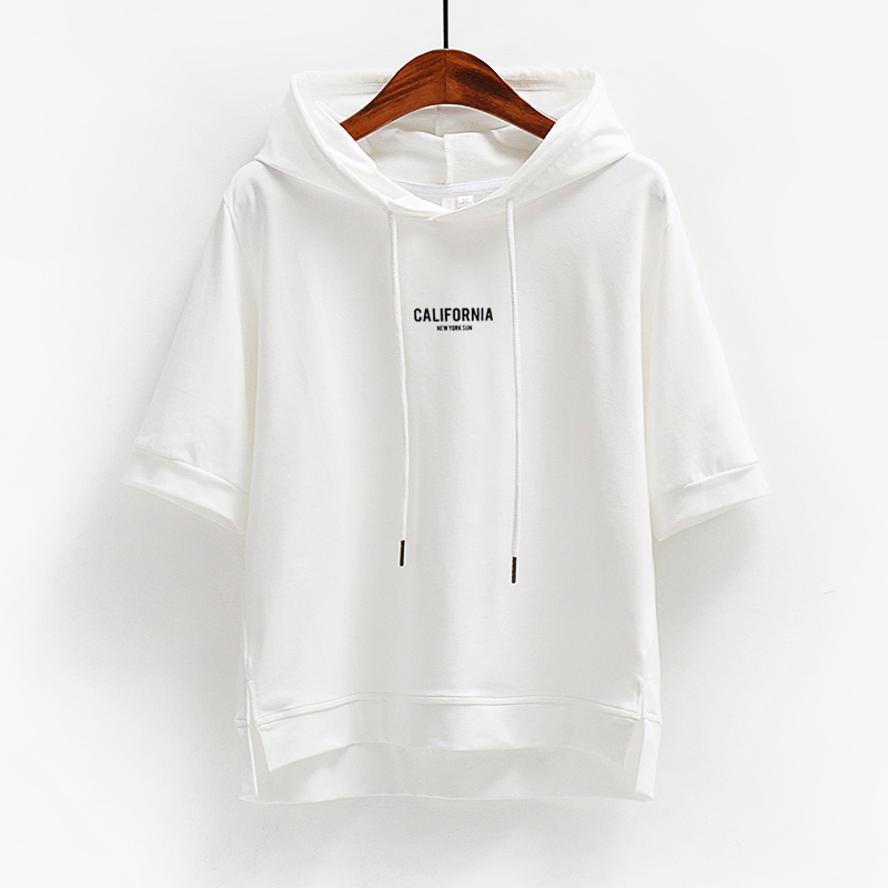 White Short-Sleeve Hoodie for Women, Loose Fit, Pure Cotton, 2026 New Spring/Summer Korean Style, Half-Sleeve Hooded T-Shirt Top