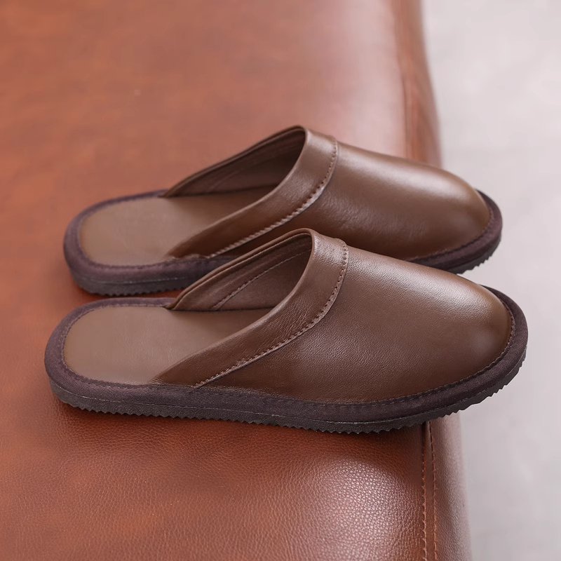 Genuine Leather Slippers for Men and Women, High-End Office and Hotel Leather Slippers, Full Cowhide, Non-Slip, Rubber Sole, Silent, Closed-Toe, for Home Use