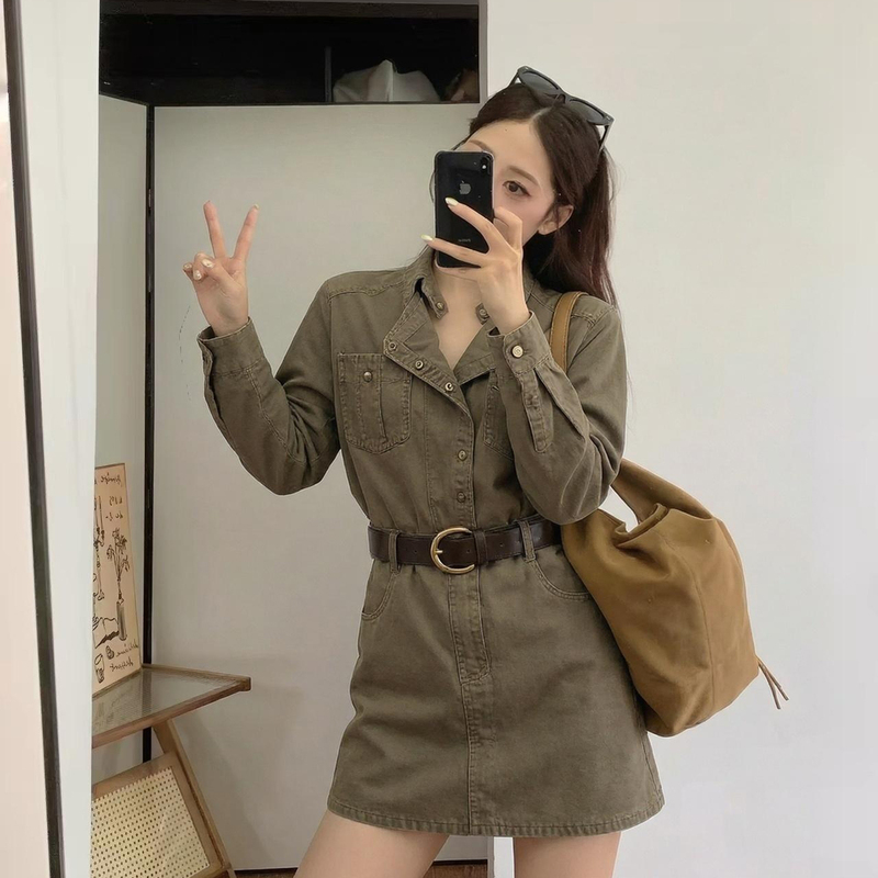 Original Design Washed Denim Stand Collar Dress for Women 2026 Early Autumn New Spicy Style Long-Sleeve One-Piece Short Dress