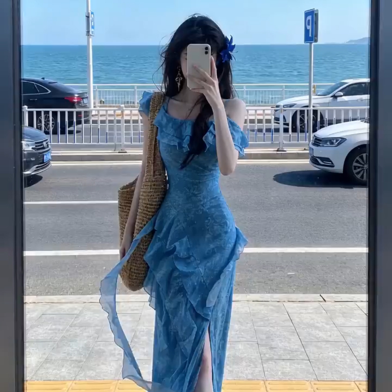 Stunning and Unique Klein Blue Floral Dress for Women, 2026 Summer New Style, Seaside Vacation Style Spaghetti Strap Long Dress Stunning and Unique Klein Blue Floral Dress for Women, 2026 Summer New Style, Seaside Vacation Style Spaghetti Strap Long Dress