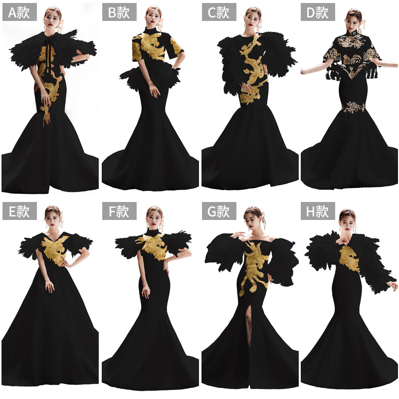 Chinese-Style Black Hostess Dress, Elegant and Dignified, Long Model Runway Show Stage Performance Cheongsam for Spring