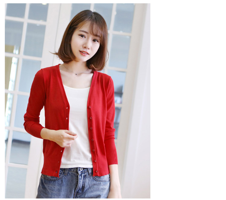 Áo len dài tay mùa xuân và mùa thu cổ chữ v ngắn cỡ lớn bên ngoài Áo len mỏng mỏng áo nhỏ điều hòa không khí áo len nữ thoi trang cong so