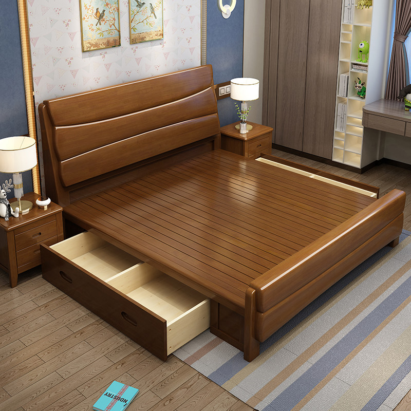Solid wood bed Double single bed 1 8 m 1 5 m 1 2 m Chinese modern high box with drawer storage wedding bed