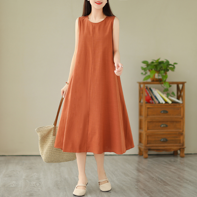 Solid Color Cotton and Linen Sleeveless Vest Dress for Women, Summer, Artistic, Simple, Versatile, Loose, Slimming, A-Line, Large Hem Dress