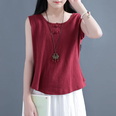 A Chinese-style button-down cotton and linen vest for women in summer, solid color, loose and slimming sleeveless base layer, thin linen top