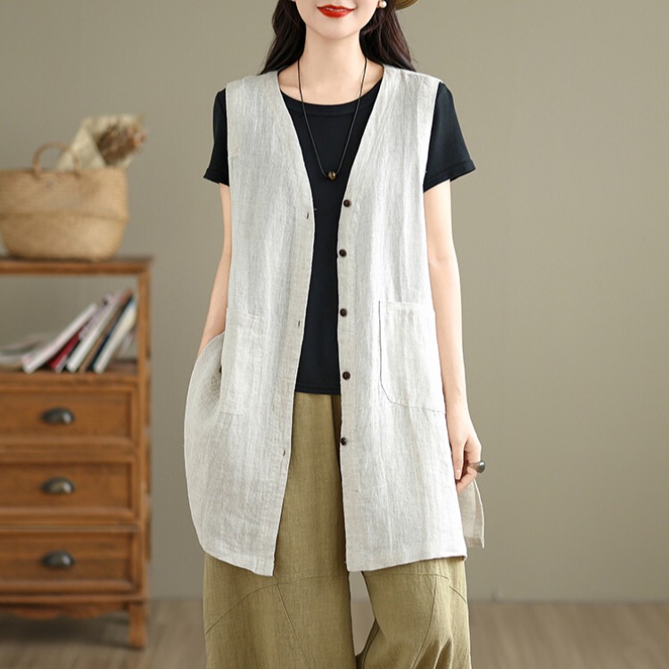 Artistic Solid Color Mid-Length Cotton and Linen Vest for Women, Summer Casual V-Neck Lightweight Breathable Linen Cardigan Sleeveless Top
