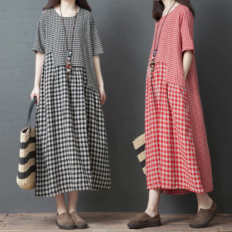 Văn học retro cotton và vải lanh tay ngắn 2020 mùa hè mới lỏng kích thước lớn khâu lưới Một váy dài từ - A-Line Váy