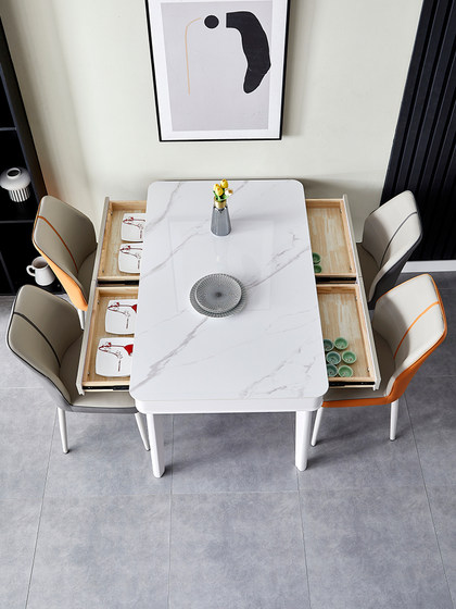 岩板奶油风餐桌小户型现代简约餐桌椅组合带抽屉储物饭桌2024新款