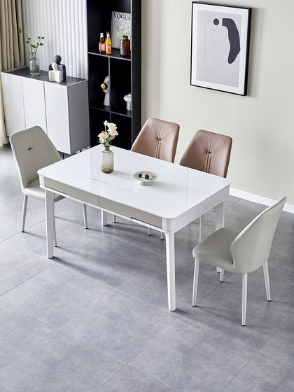 岩板奶油风餐桌小户型现代简约餐桌椅组合带抽屉储物饭桌2024新款