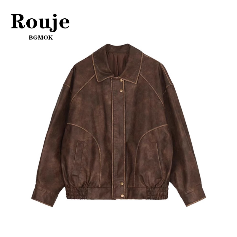 Rouje Bgmok Zhong Chuxi Same Style Leather Jacket for Women 2025 Spring and Autumn New Retro Loose Jacket Top