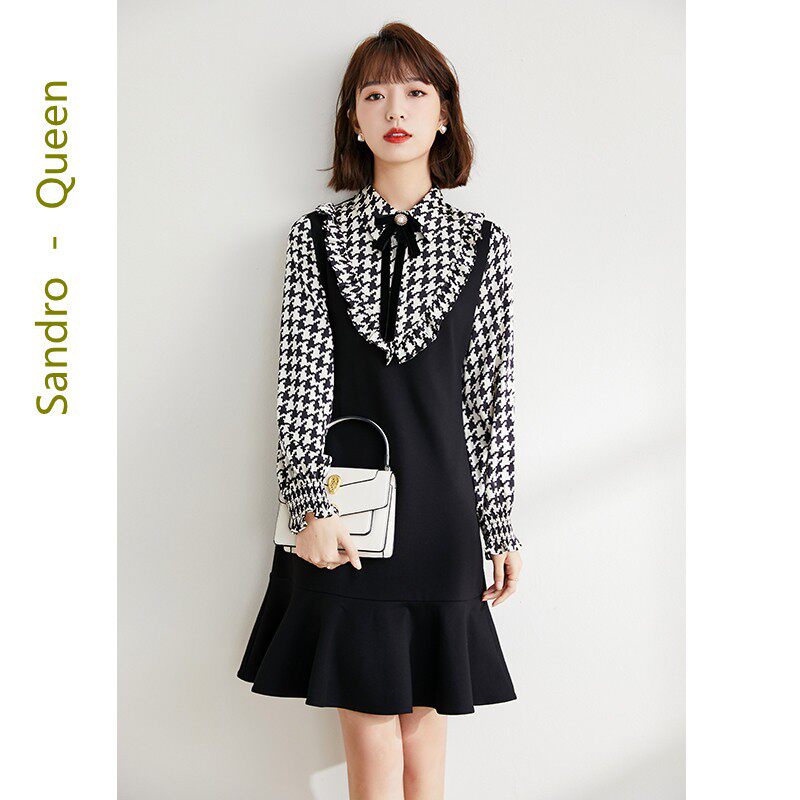 Sandro Queen French houndstooth stitching dress women's 2021 early autumn new knitted skirt women
