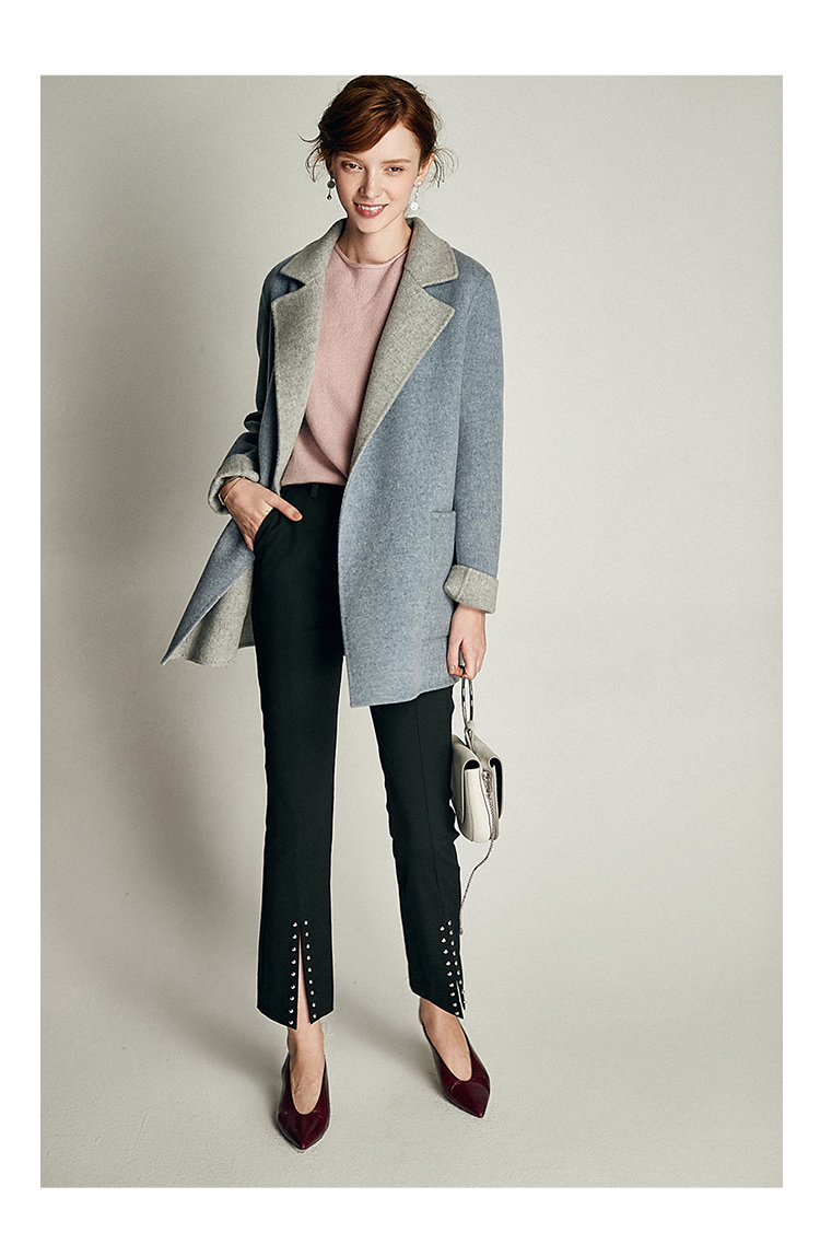 Màu lông lạc đà ngắn đoạn hai mặt len ​​cashmere áo khoác nữ mùa thu và mùa đông điểm W22036 áo cardigan nam