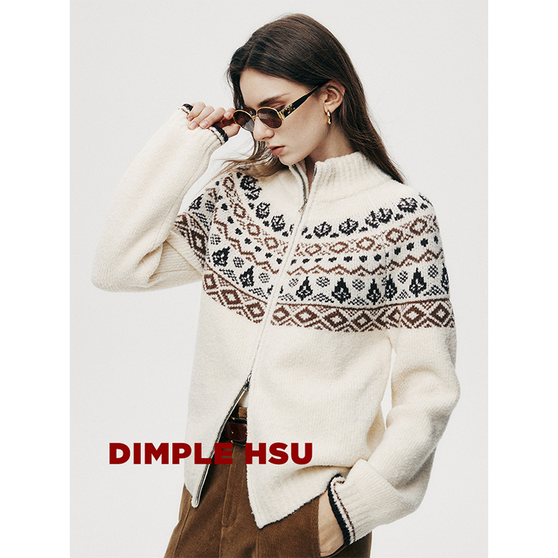Slowly Knitted Fair Isle Rare Yak Wool Bouclé Yarn Heavy Jacquard Warm Sweater Cardigan S38190