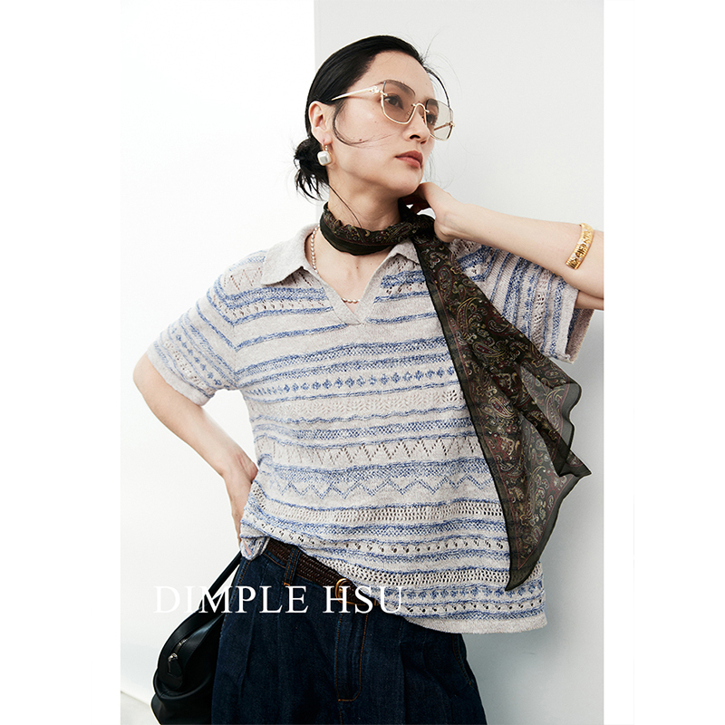 High-End Nautical Style Summer Thin Breathable Linen Cotton Three-Dimensional Large Belly Yarn Hollow-Out Lapel Knitwear S38650