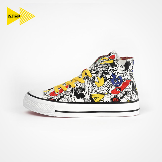 iSTEP Spring couple style shoes high-top canvas shoes , trendy graffiti niche men's sneakers , ເກີບກິລາຜູ້ຍິງແບບສະບາຍໆ