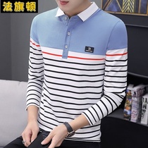 Mens long sleeve T-shirt cotton lapel polo shirt spring autumn mens stripes with collar lead shirt collar