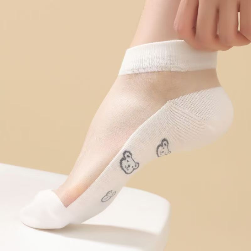 New Style Women's Short Socks, Trendy Ins-Style, Pure Cotton Bottom, Crystal Silk Socks, Thin, Transparent, Wear-Resistant, Non-Slip, Low-Cut Boat Socks