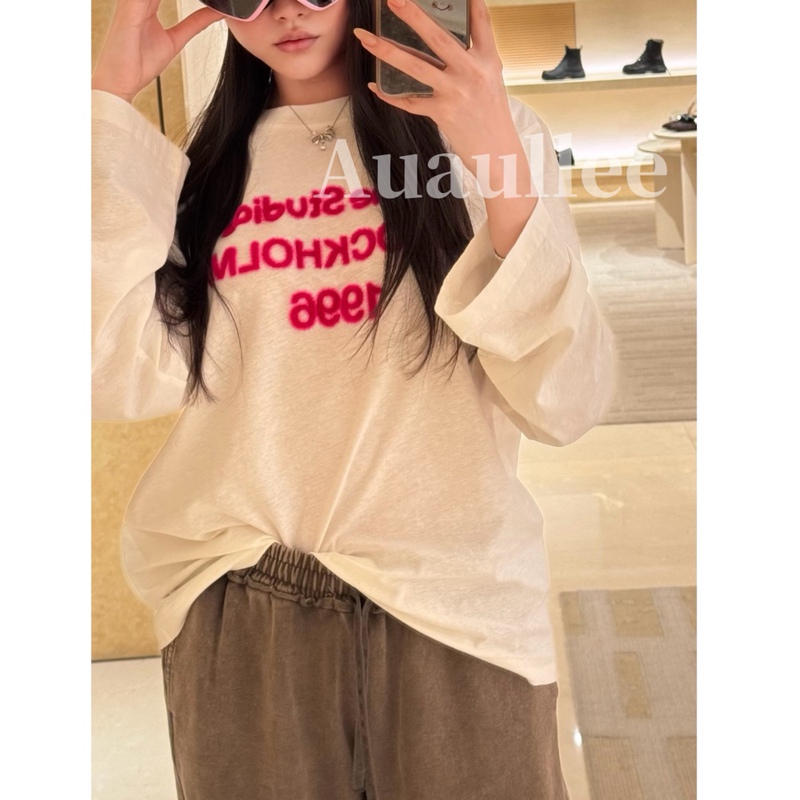 Auaullee Looks Great When It Takes Off! Limited Edition New Letter 1996 Print Flocked Round Neck Long-Sleeve T-Shirt for Women