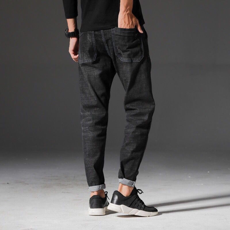 Boomer Crack Hole Jeans Man Loose Black Small Feet Fall Casual 100 Lap Straight Barrel Sashimi 90% Workout Pants