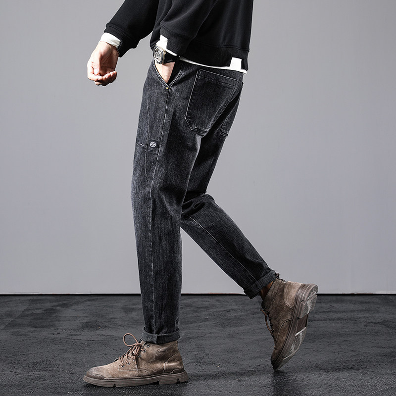 Tide brand handsome jeans men's loose straight autumn slim fit small feet elastic black casual drawstring nine-point trousers