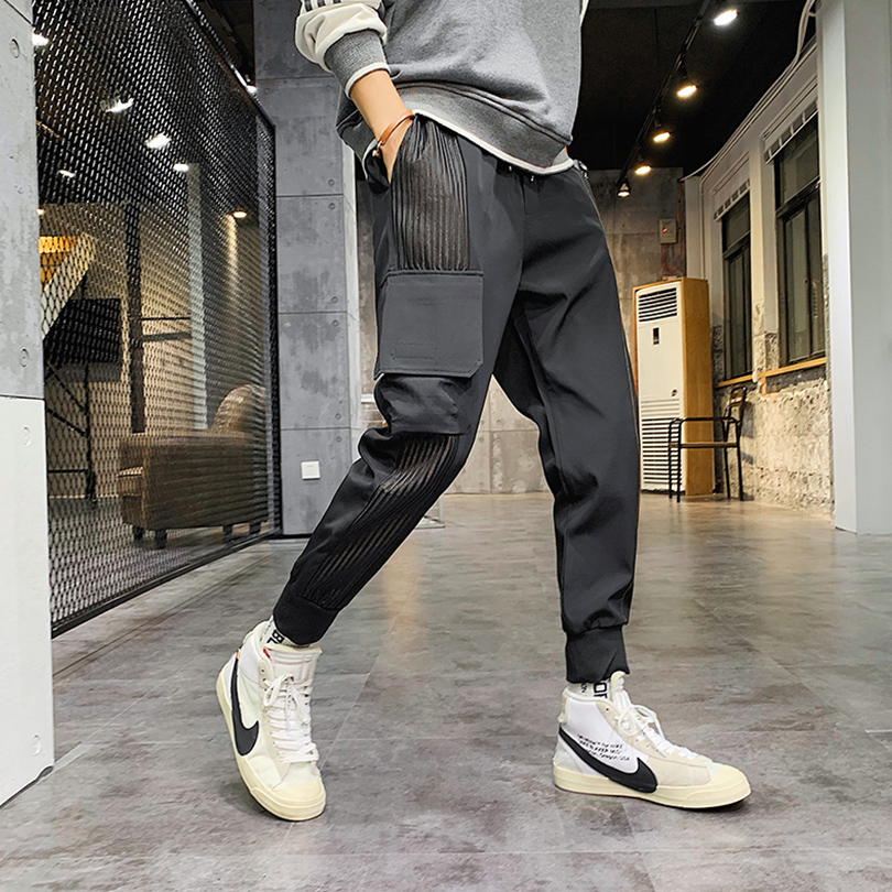 Tide Cards Casual Workwear Pants Men's Bunches Sports Multiple Pockets Trend Handsome Korean version Leisure 100 hitch Rope Smoke tubes pants