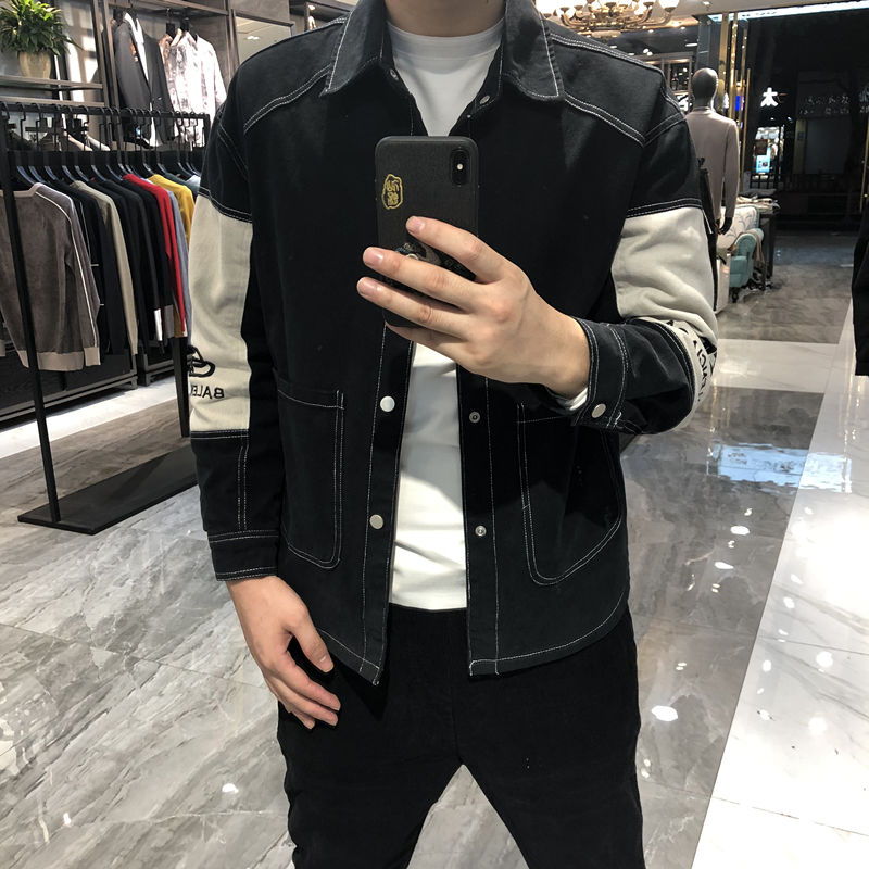 Tide Cards Fall Jacket Male Korean version Trend handsome 100 Lapped Embroidery Students Loose Bf Wind Capsized Cowboy Jacket