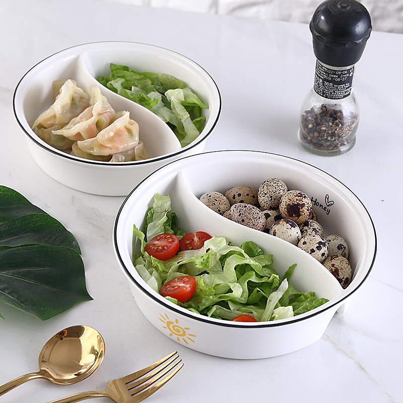 Creative and Simple Ceramic Hot Pot Double-Compartment Bowl, Soup Bowl, Household Fruit Salad Bowl, Divided Dish Bowl, Microwaveable