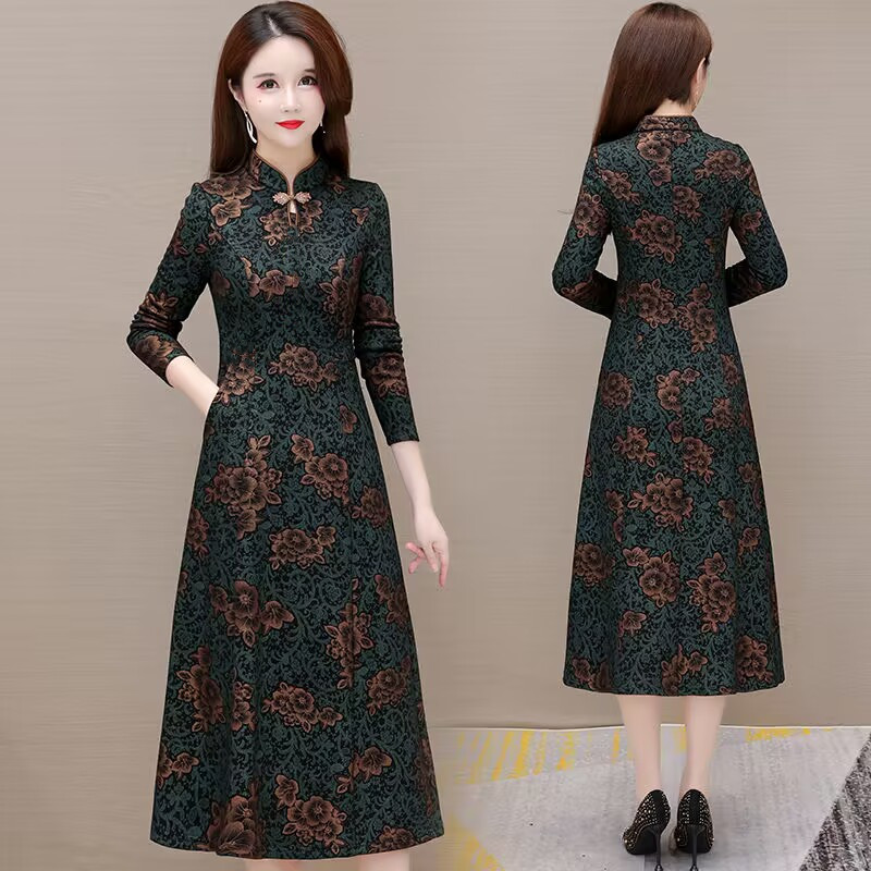 Spring and Autumn New Fashion Printed Elegant Cheongsam Dress Slimming Waist Covering Belly Versatile Over-The-Knee Long Dress