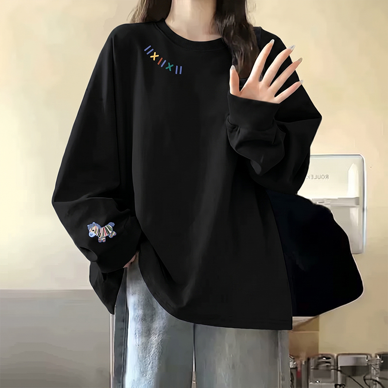 Plus Size 150kg Versatile Pure Cotton Black Long-Sleeved T-Shirt for Girls Autumn and Winter 2026 Round Neck Casual Loose Top