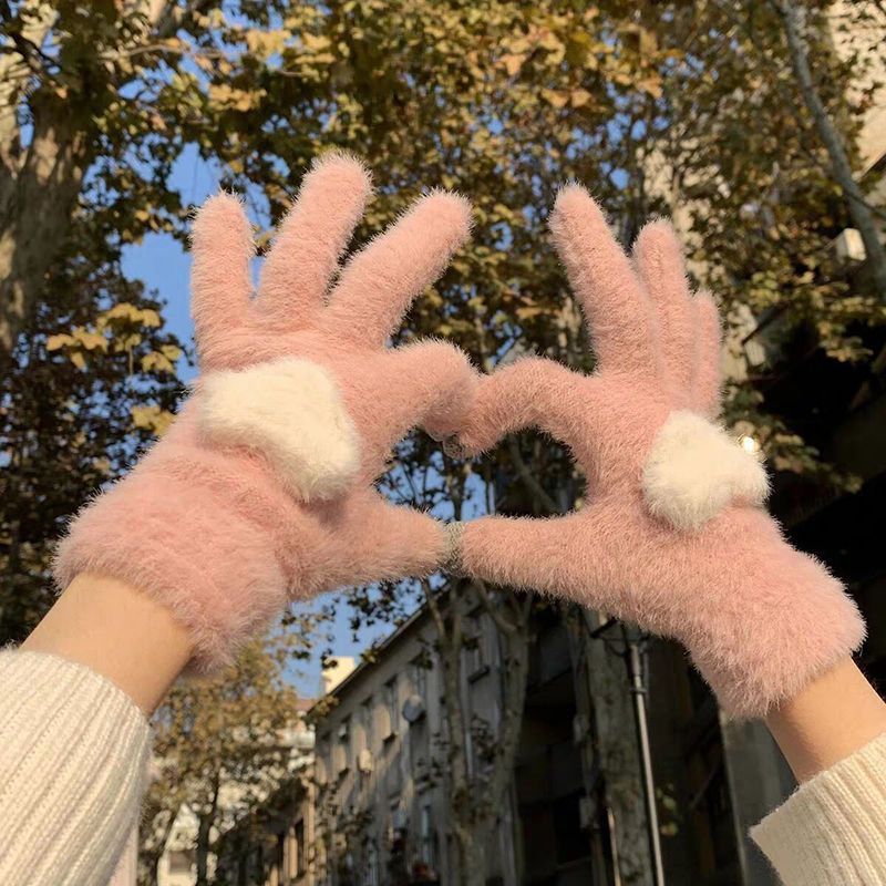 Girls' plush warm gloves, heart-shaped, winter-wearing, fleece-lined, cute, fingerless, touchscreen, cold-proof, suitable for cycling, student, princess style.