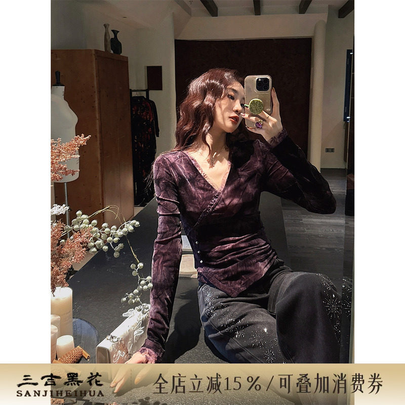 【Xiongxiong Exclusive】Sanji Black Flower【Le Xi】New Chinese-Style Tie-Dye Lace Long-Sleeve Early Autumn Chic Top