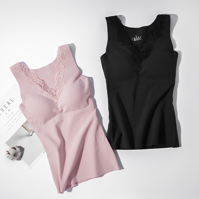 Ladies warm thin plus velvet vest lace V-neck heat cold de velvet top pure cotton with chest cushion undershirt