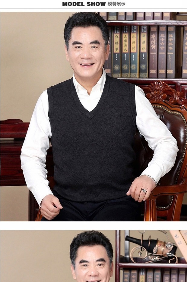 Đàn ông trung niên giản dị màu rắn cổ chữ V đan áo vest nam trung niên gà trái tim cổ áo dệt kim áo vest đen