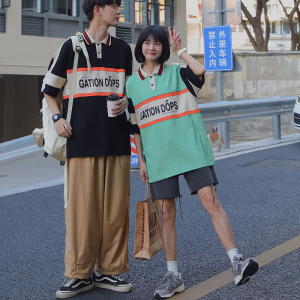 Shirashima summer new Japanese couple's Polo Men's Korean fashion color contrast loose Lapel T-shirt fashion