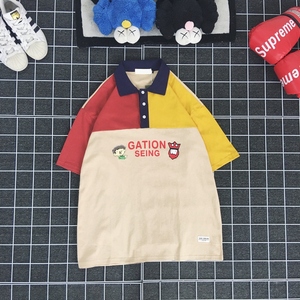Short sleeve T-shirt male summer lovers college style BF loose color matching cartoon Polo student boys Lapel half sleev