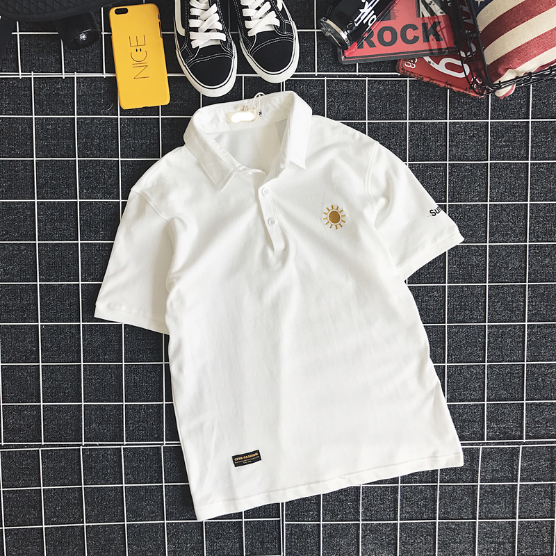 Áo sơ mi đảo đôi Nhật Bản phong cách Harajuku phiên bản Hàn Quốc ulzzang thời tiết thêu áo polo nam và nữ ve áo tay áo ngắn thủy triều áo cotton nam