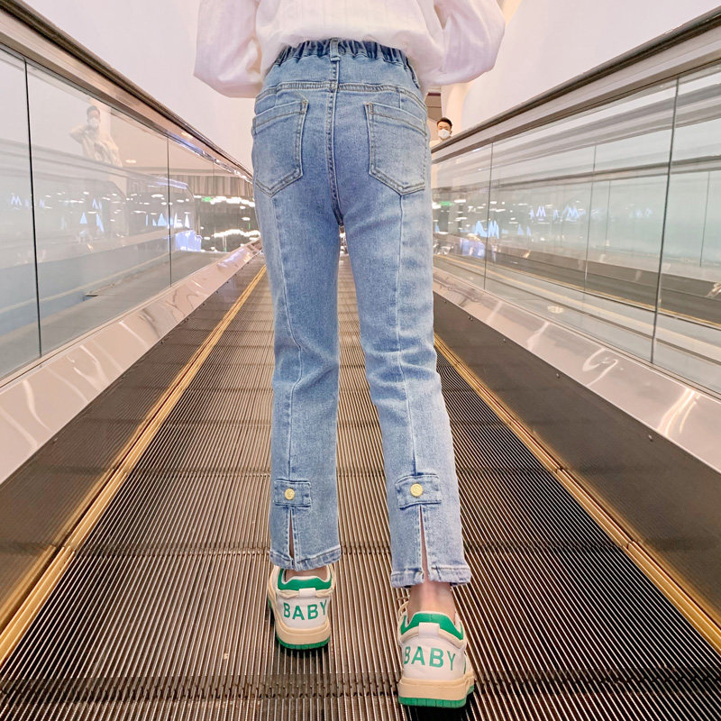 Girl Jeans Spring Autumn 2022 New Spring Dress Foreign Pie Trousers Outside Wearing Children Pants Elastic Body Straight Drum Pants