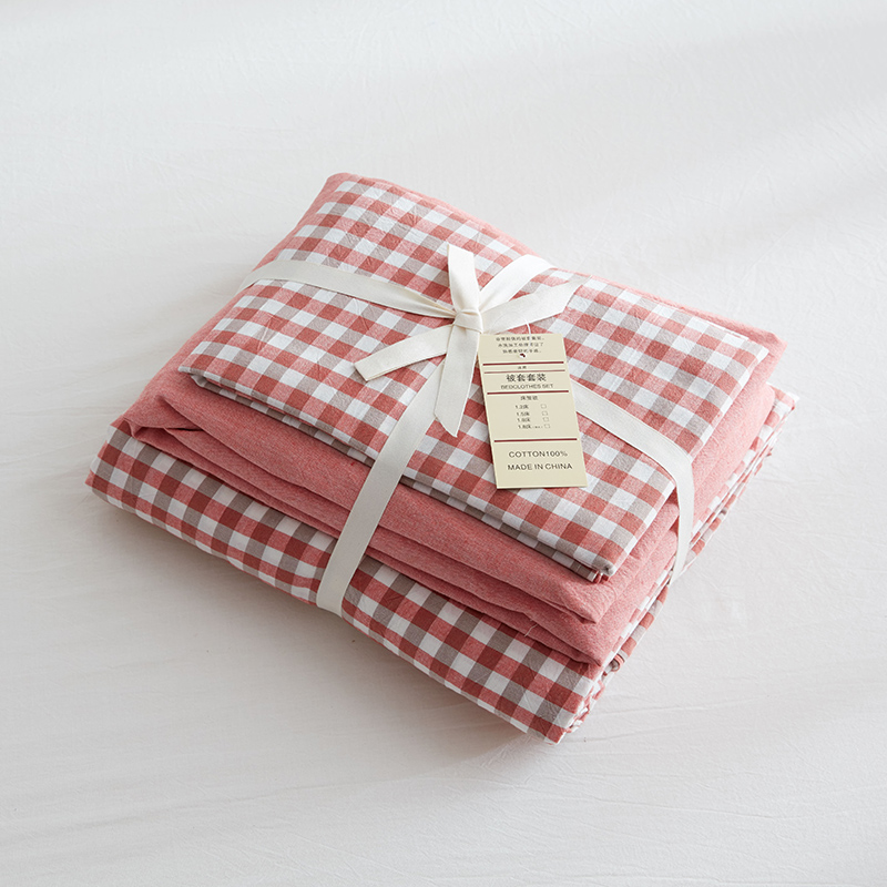 Japanese-style yarn-dyed washed cotton four-piece set super soft naked sleeping quilt cover cotton bed sheet three-piece fitted sheet