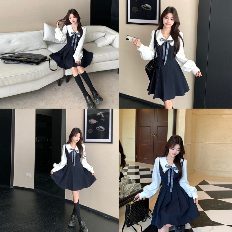 Uu Anna Autumn and Winter Plus-Size Campus Novel Heroine Fake Two-Piece Dress Women's College Style Long-Sleeved Pleated Skirt