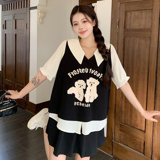 UU安娜新款大码女装夏装上衣假两件印花衬衫减龄学院风春夏季上衣