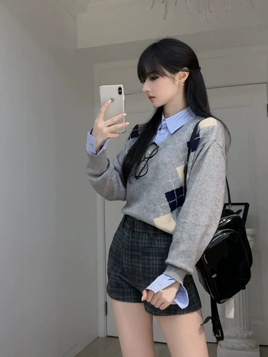 Американский алмазный пуловер-свитер для женщин ранней осенью Новый сериал MIU Retro College Style Lazy V-образный вырез