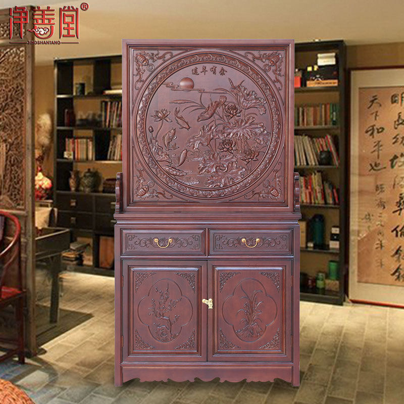 Wood carving entrance shoe cabinet screen partition foyer storage cabinet Chinese solid wood floor seat screen plug-in screen fish Yue dragon door